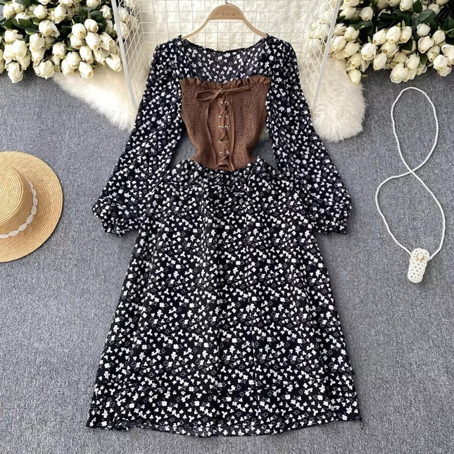 High Waist Floral Long Sleeve Dress for Women Elegant Autumn Style