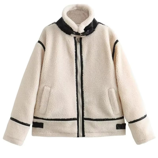 Women Faux Fur Biker Jacket Thick Warm Vintage Long Sleeve Winter Coat