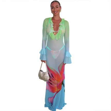 Women’s Floral Gradient Lace Chiffon V-Neck A-Line Party Jumpsuit