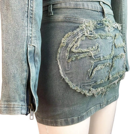 Women’s Embroidered Denim Midi Skirt & Long Sleeve Top Two-Piece Set