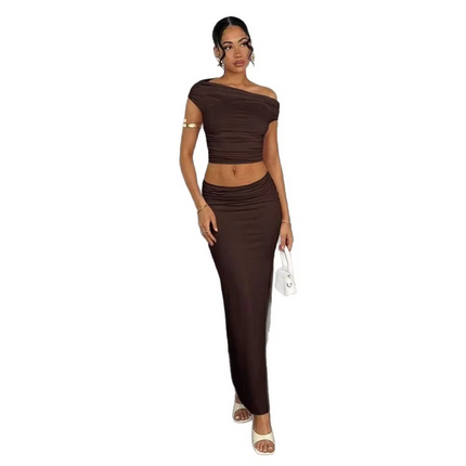 Asymmetric Ruffle Crop Top and High Waist Split Maxi Skirt Set