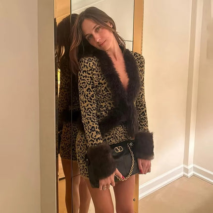 Autumn Women Fur Collar V-Neck Bodycon Top and Skirt Set