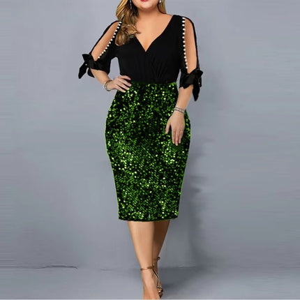 V-Neck Sequin Midi Dress for Women Plus Size Elegant Natural Waist
