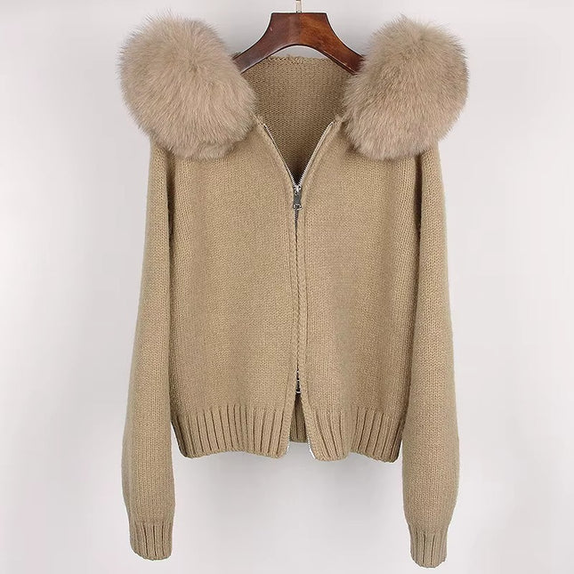 Women’s Hooded Fox Fur Knit Jacket Autumn Winter Casual Short Coat