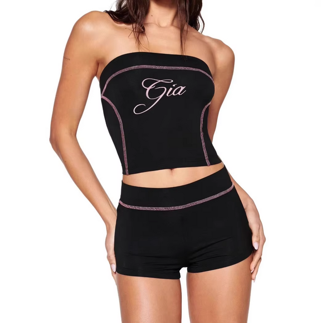 Women Sexy Sports Two Piece Set Chest Wrapped Crop Top Shorts Outfit