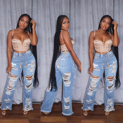 Women’s Ripped Cargo Jeans Loose Wide Leg Streetwear Pants