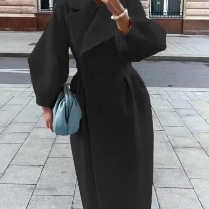 Women’s Wool Coat Vintage Long Overcoat with Lantern Sleeves for Winter