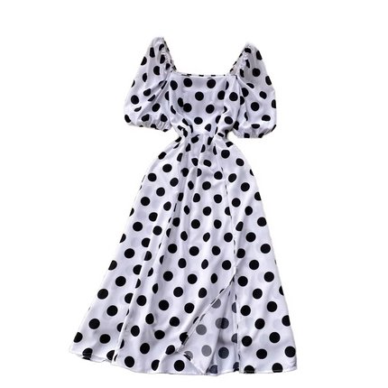 French Square Neck Summer Dress with Puff Sleeves and Slim Fit Slit
