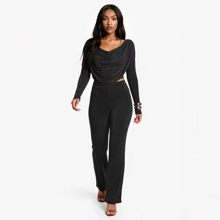 Women’s Casual Wide Leg Pants Set High Waist Breathable Swing Collar