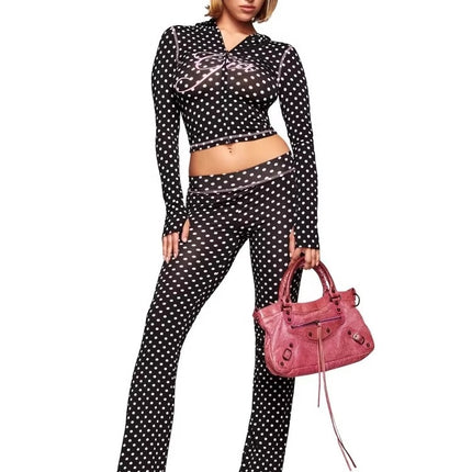 2025 Women’s Dot Print Two-Piece Long Sleeve Open Collar Casual Outfit