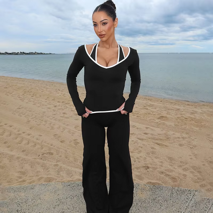 Women’s Autumn Three Piece Set Color Block Long Sleeve Slim Fit Outfit