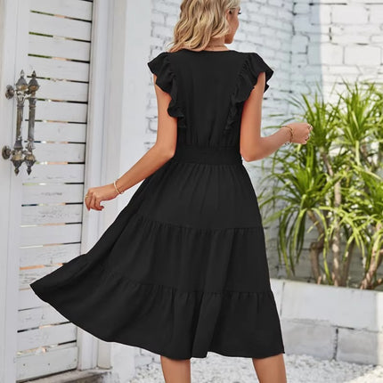 Summer V Neck Ruffled Waist Solid Color Elegant Women’s Dress