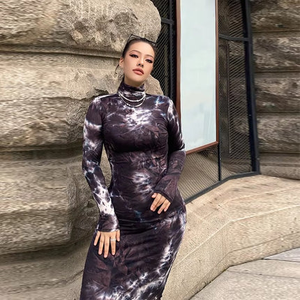 Autumn High Neck Long Sleeve Slim Fit Bodycon Dress for Women