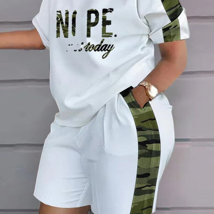 Women Summer Two Piece Short Set Letter Print Crop Top and Shorts Outfit