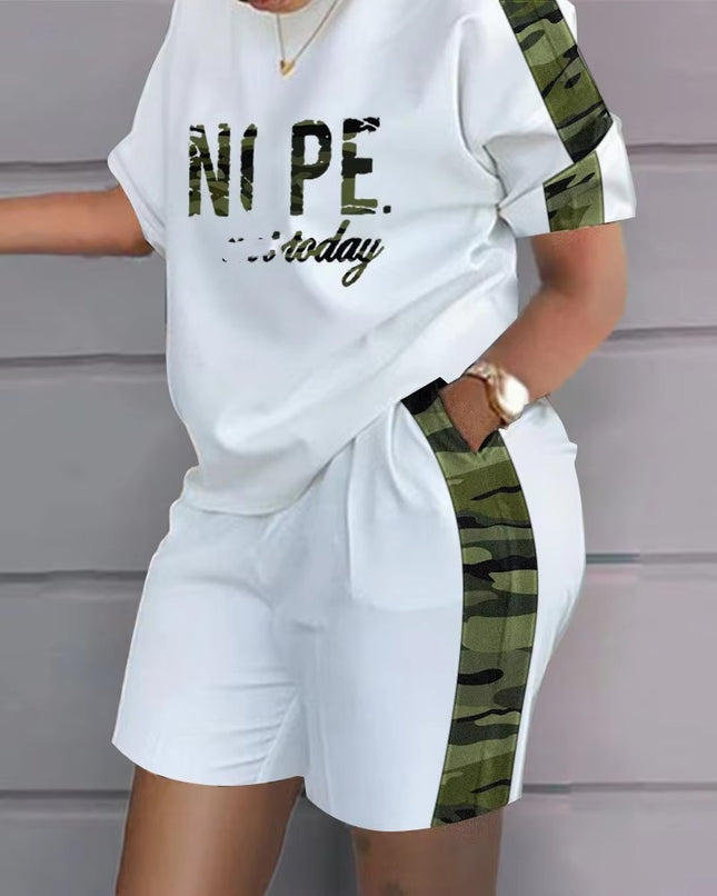 Women Summer Two Piece Short Set Letter Print Crop Top and Shorts Outfit