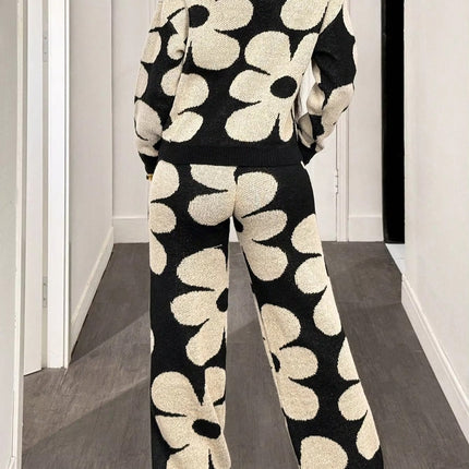 Winter Korean European American Flower Knit Long Sleeve Top Loose Casual