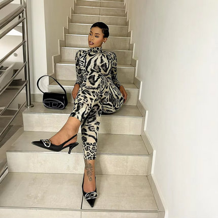 Leopard Print Women’s Long Sleeve Jumpsuit | Autumn High Neck Playsuit