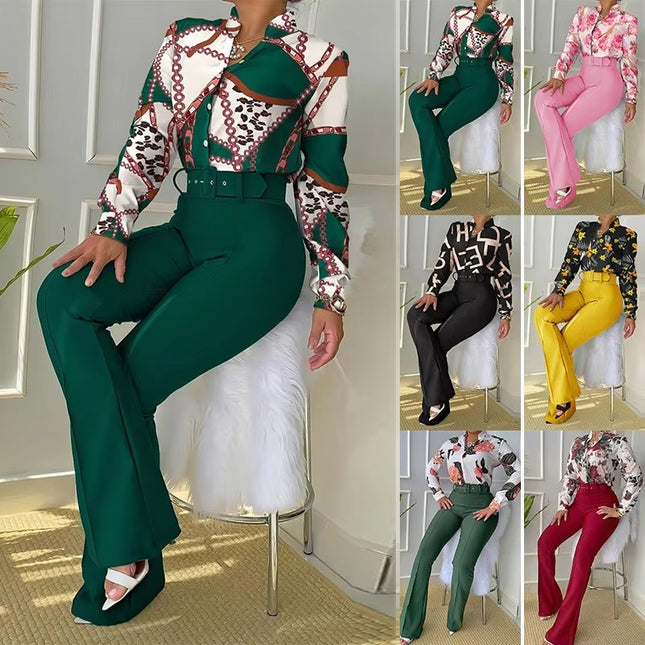 Spring 2 Piece Women’s Shirt and Wide Leg Pants Set Elegant Fit