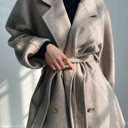 Women's Plus Size Long Wool Coat Lace-Up Loose Fit Autumn Winter