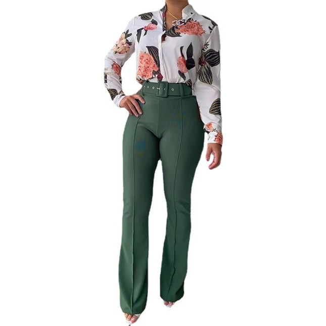 Spring 2 Piece Women’s Shirt and Wide Leg Pants Set Elegant Fit