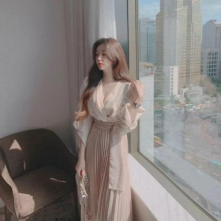 Elegant V-Neck Pleated Two-Piece Long Dress for Women, Korean Style