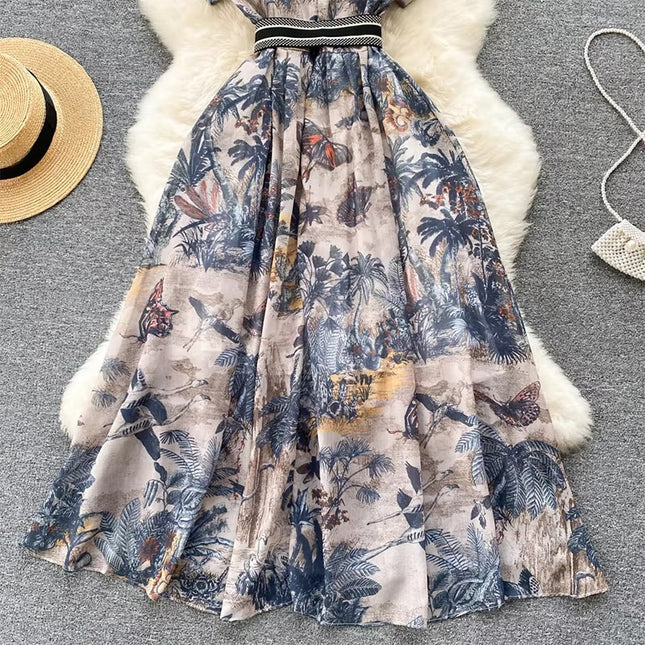 Summer Floral Print Dress for Women with Collar and Short Sleeves Elegant Fit