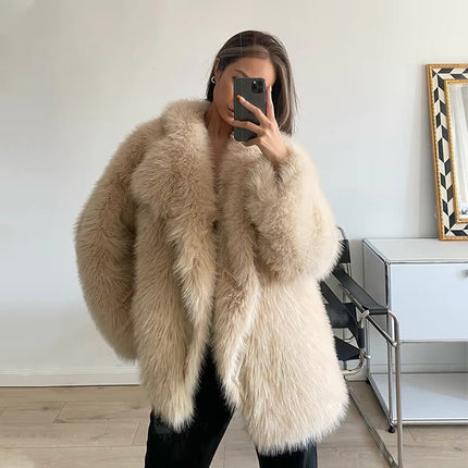 Winter Faux Fox Fur Coat for Women Thick Warm Long Sleeve Jacket