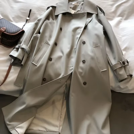 Khaki Long Trench Coat for Women Oversized Belted Double Breasted