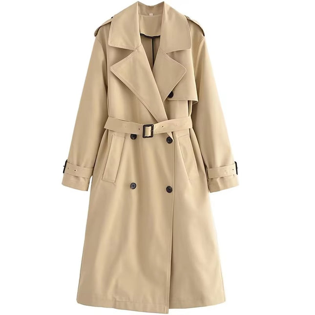 Women's Spring Trench Coat with Belt | Double Breasted Vintage Long Coat