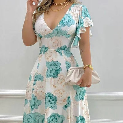 Women’s V-Neck Printed Maxi Dress High Waist Summer Commuter Style