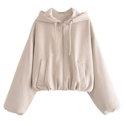 Women’s Hooded Zip Jacket Spring Autumn Solid Color Short Coat