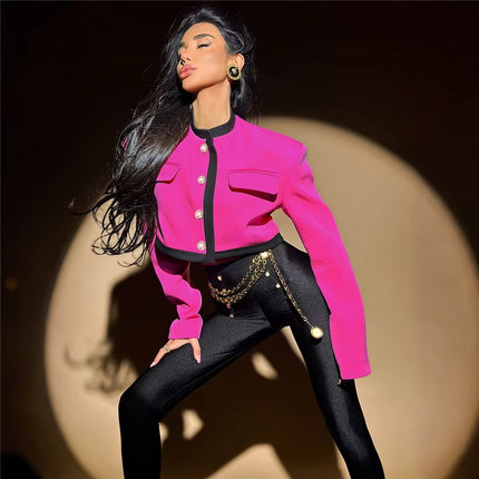 Autumn Winter Women's Short Jacket Color Block Button Street Style Coat