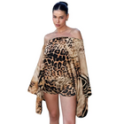 Women's Gradient Leopard Off Shoulder Flared Sleeve Fitness Jumpsuit