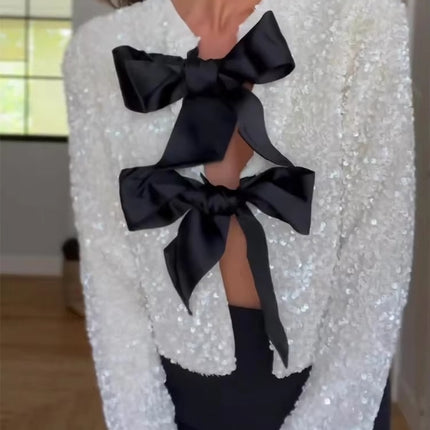 Women’s Sequined Cropped Jacket Y2K Shiny Tie-Front Party Coat Long Sleeve