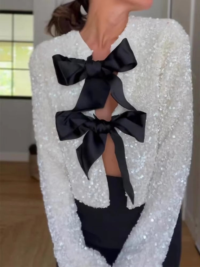 Women’s Sequined Cropped Jacket Y2K Shiny Tie-Front Party Coat Long Sleeve