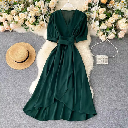Summer Solid Color V Neck High Waist Puff Sleeve Ruffle Dress