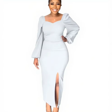 Elegant Solid Color Long Sleeve Backless Slit Maxi Dress for Women