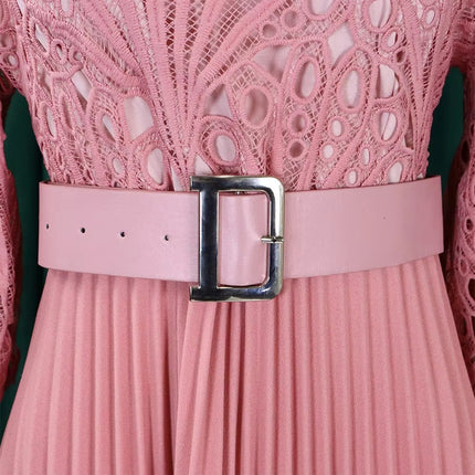 Women’s Lace Crochet Hollow Pleated Maxi Dress Elegant Summer Style