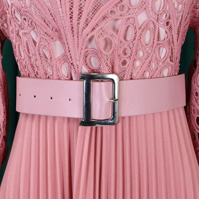 Women’s Lace Crochet Hollow Pleated Maxi Dress Elegant Summer Style