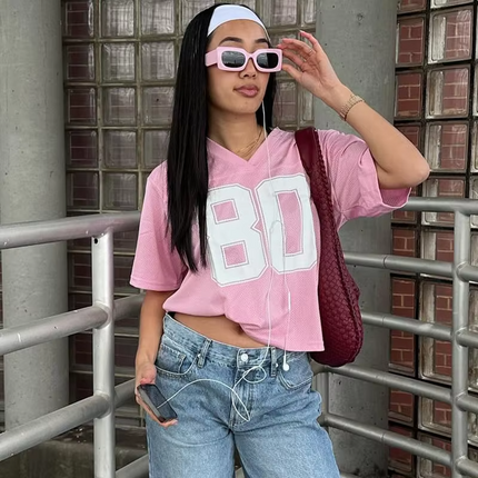 Women’s Summer Knit V Neck Color Block T Shirt Loose Casual Top