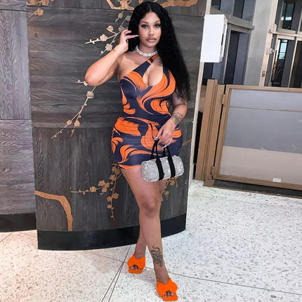 Summer Slant Neck Sleeveless Mini Dress with Sexy Hollow Print Fit