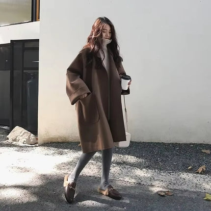 Women’s Elegant Wool Trench Coat Winter Vintage Long Windbreaker Jacket