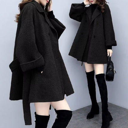 Autumn Winter Women Long Wool Coat Lapel Button A-Line Midi Warm Jacket