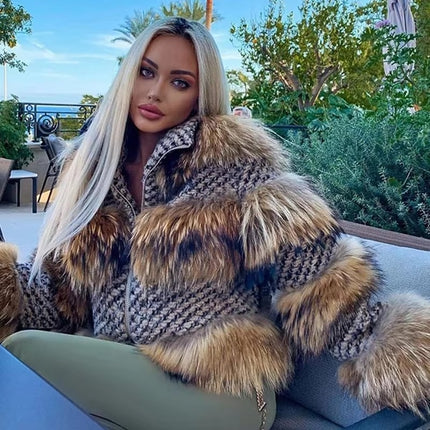 Women’s Genuine Raccoon Fur Jacket | Striped Winter Fur Coat