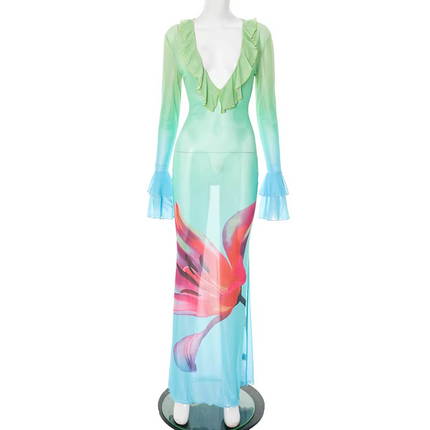 Women’s Floral Gradient Lace Chiffon V-Neck A-Line Party Jumpsuit