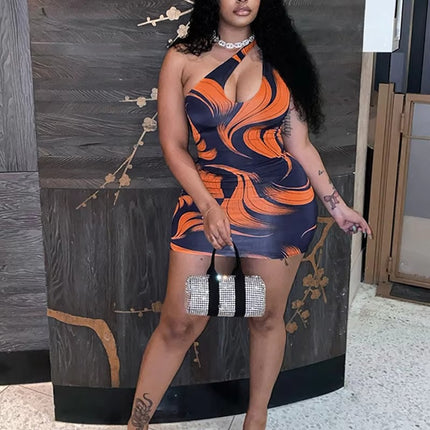 Summer Slant Neck Sleeveless Mini Dress with Sexy Hollow Print Fit