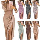 Off Shoulder Shiny Maxi Evening Dress with Hip Slit for Women