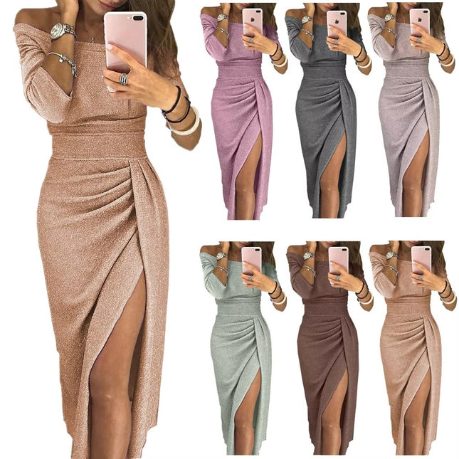 Off Shoulder Shiny Maxi Evening Dress with Hip Slit for Women