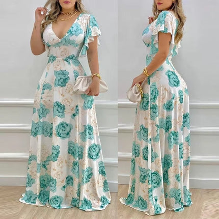 Women’s V-Neck Printed Maxi Dress High Waist Summer Commuter Style