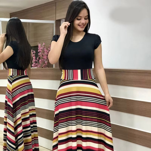 Summer Floral Colorblock Maxi Dress for Women with Short Sleeves